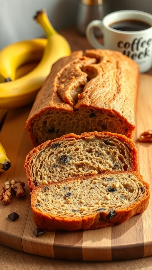 A loaf of banana bread sliced on a cutting board, with ripe bananas and walnuts beside it.